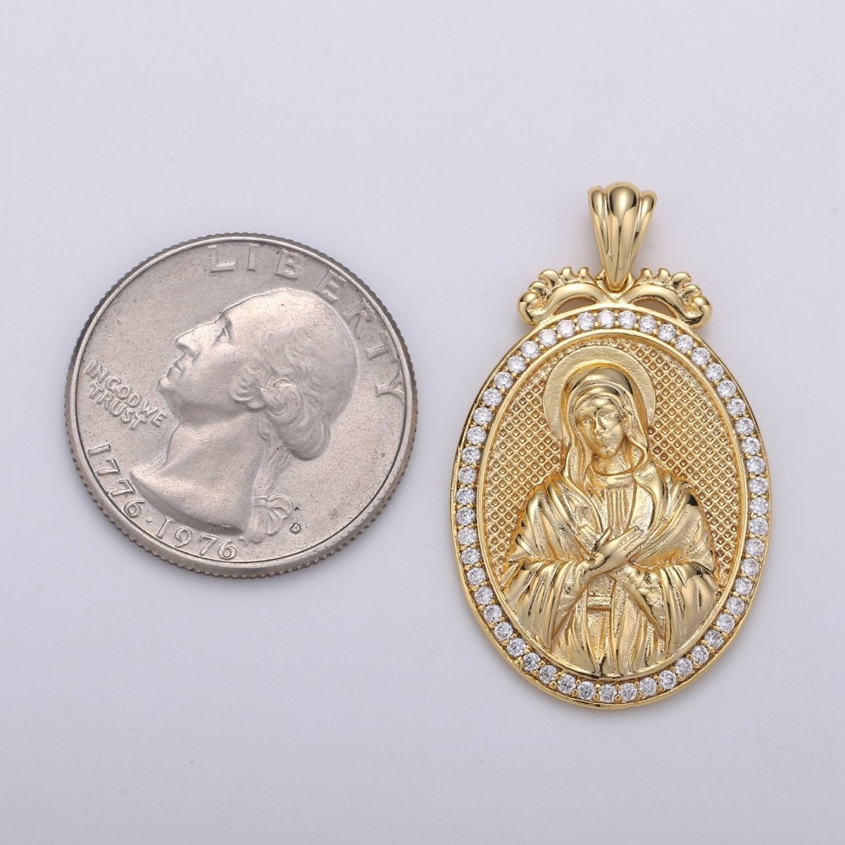 Micro Pave Virgin Mary Pendant Holly Mary 14K Gold plated Charm Religious medallion, oval pendant, Mother Maria, religious jewelry J-120 - DLUXCA