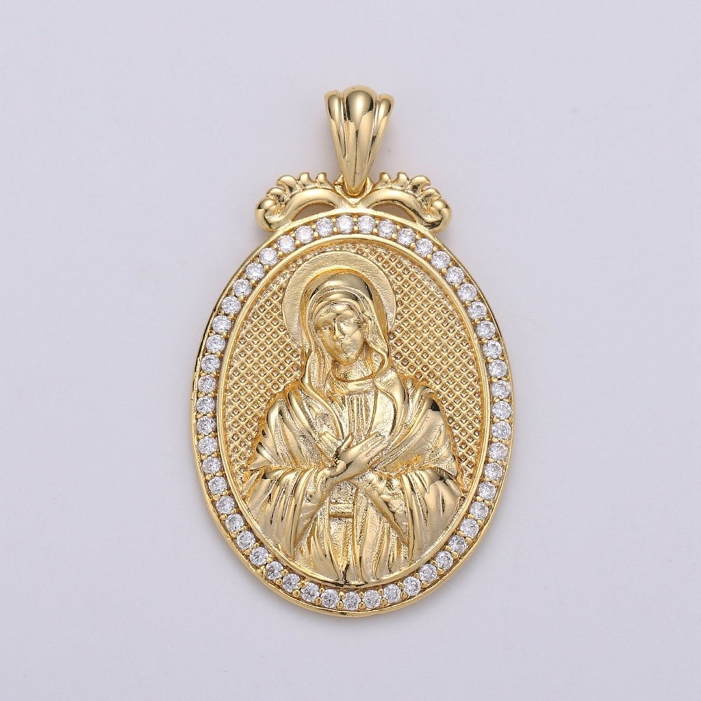 Micro Pave Virgin Mary Pendant Holly Mary 14K Gold plated Charm Religious medallion, oval pendant, Mother Maria, religious jewelry J-120 - DLUXCA