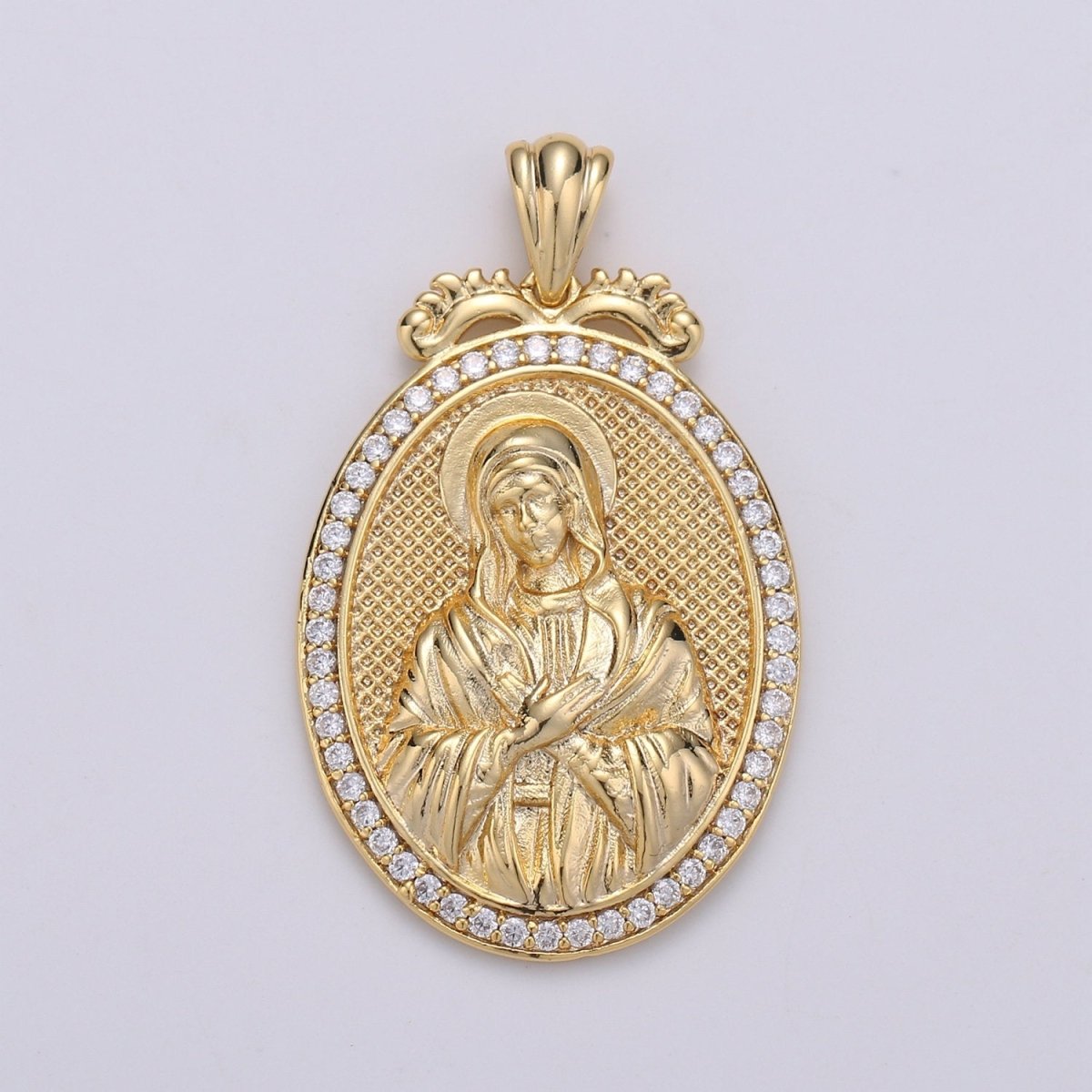 Micro Pave Virgin Mary Pendant Holly Mary 14K Gold plated Charm Religious medallion, oval pendant, Mother Maria, religious jewelry J-120 - DLUXCA