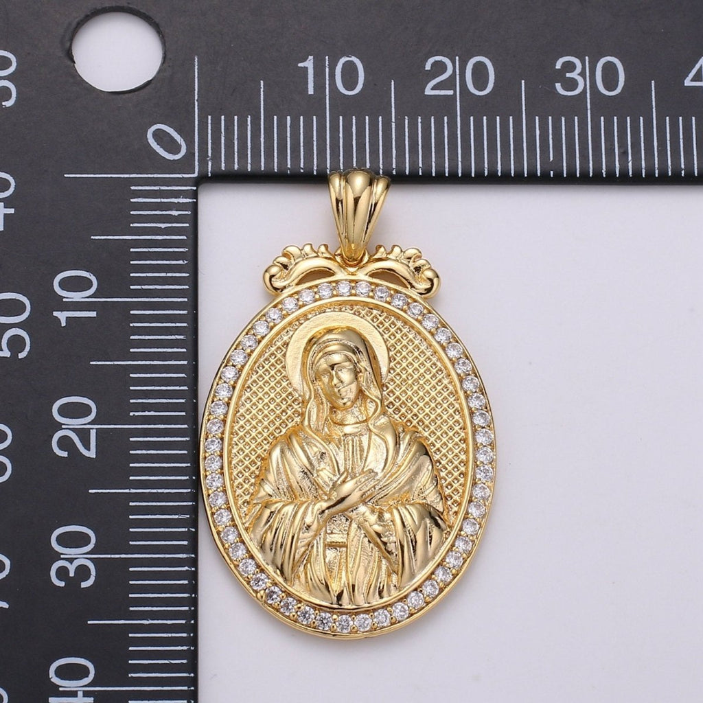 Micro Pave Virgin Mary Pendant Holly Mary 14K Gold plated Charm Religious medallion, oval pendant, Mother Maria, religious jewelry J-120 - DLUXCA