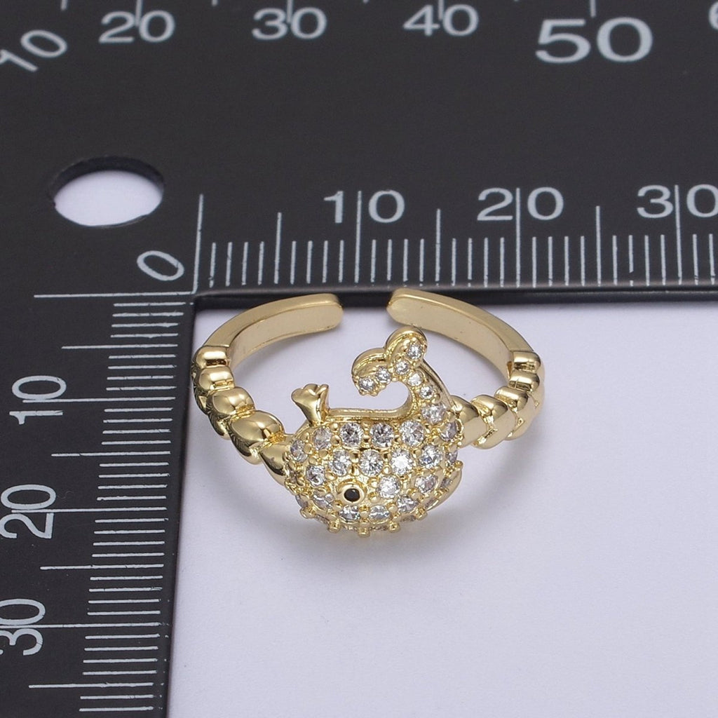 Micro Pave Whale Ring, Heart Textured Gold Adjustable Band Ring, 24K Gold plated Nature Ocean Wildlife Under The Sea Ring U-439 - DLUXCA