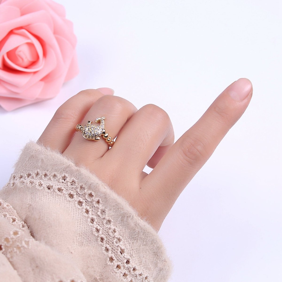 Micro Pave Whale Ring, Heart Textured Gold Adjustable Band Ring, 24K Gold plated Nature Ocean Wildlife Under The Sea Ring U-439 - DLUXCA