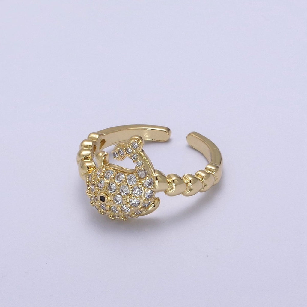 Micro Pave Whale Ring, Heart Textured Gold Adjustable Band Ring, 24K Gold plated Nature Ocean Wildlife Under The Sea Ring U-439 - DLUXCA