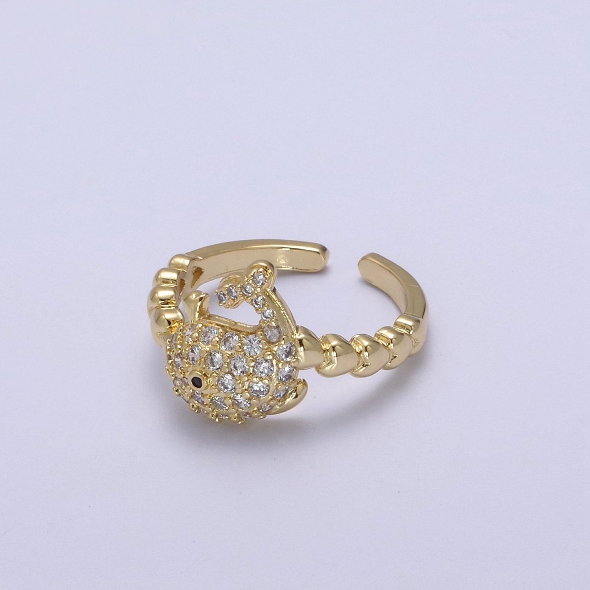 Micro Pave Whale Ring, Heart Textured Gold Adjustable Band Ring, 24K Gold plated Nature Ocean Wildlife Under The Sea Ring U-439 - DLUXCA