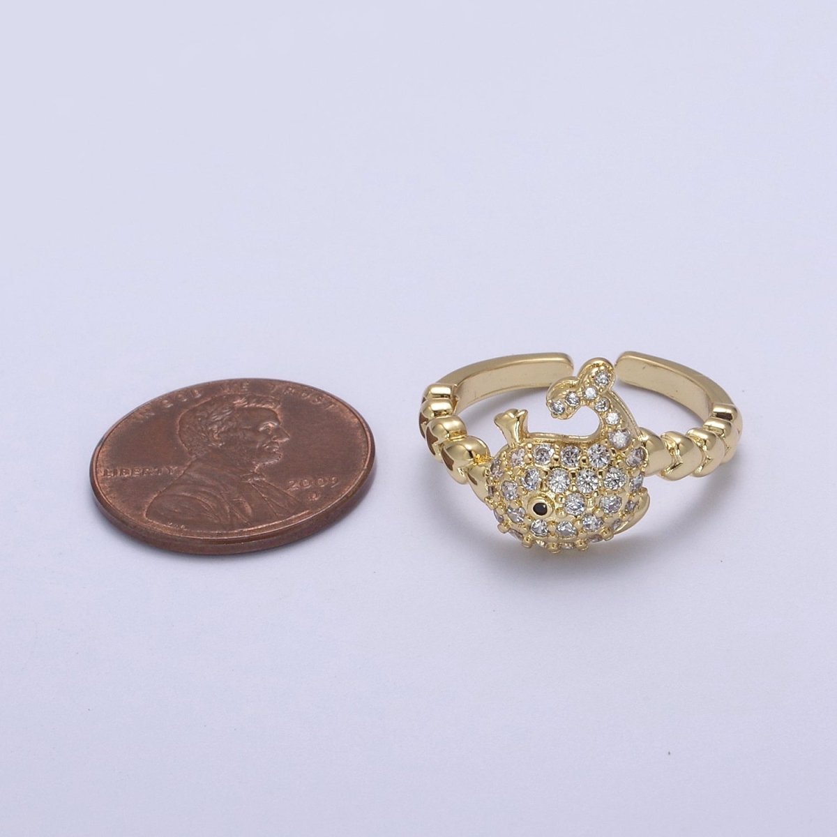 Micro Pave Whale Ring, Heart Textured Gold Adjustable Band Ring, 24K Gold plated Nature Ocean Wildlife Under The Sea Ring U-439 - DLUXCA