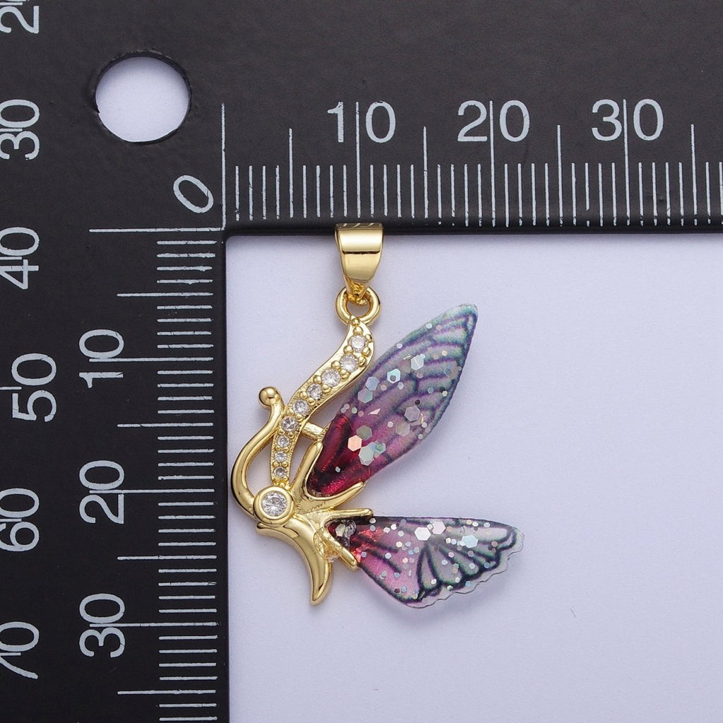 Micro Paved Antenna Butterfly Fairy Fuchsia, Blue Wings Pendant H-063 H-640