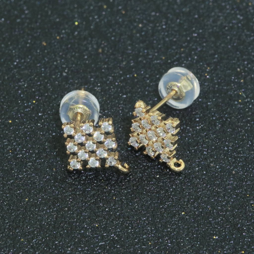 Micro Paved Clear Cubic Zirconia Checkered Rhombus Gold Studs Open Loop Drop Earrings Supply L-490 - DLUXCA