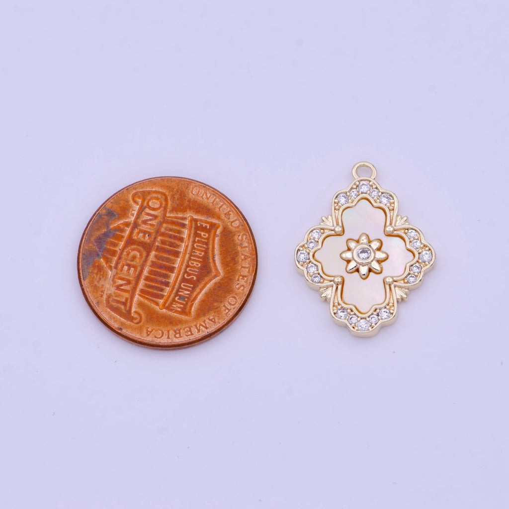 Micro Paved Clear CZ Flower Shell Pearl Gold & Silver Charm | N606