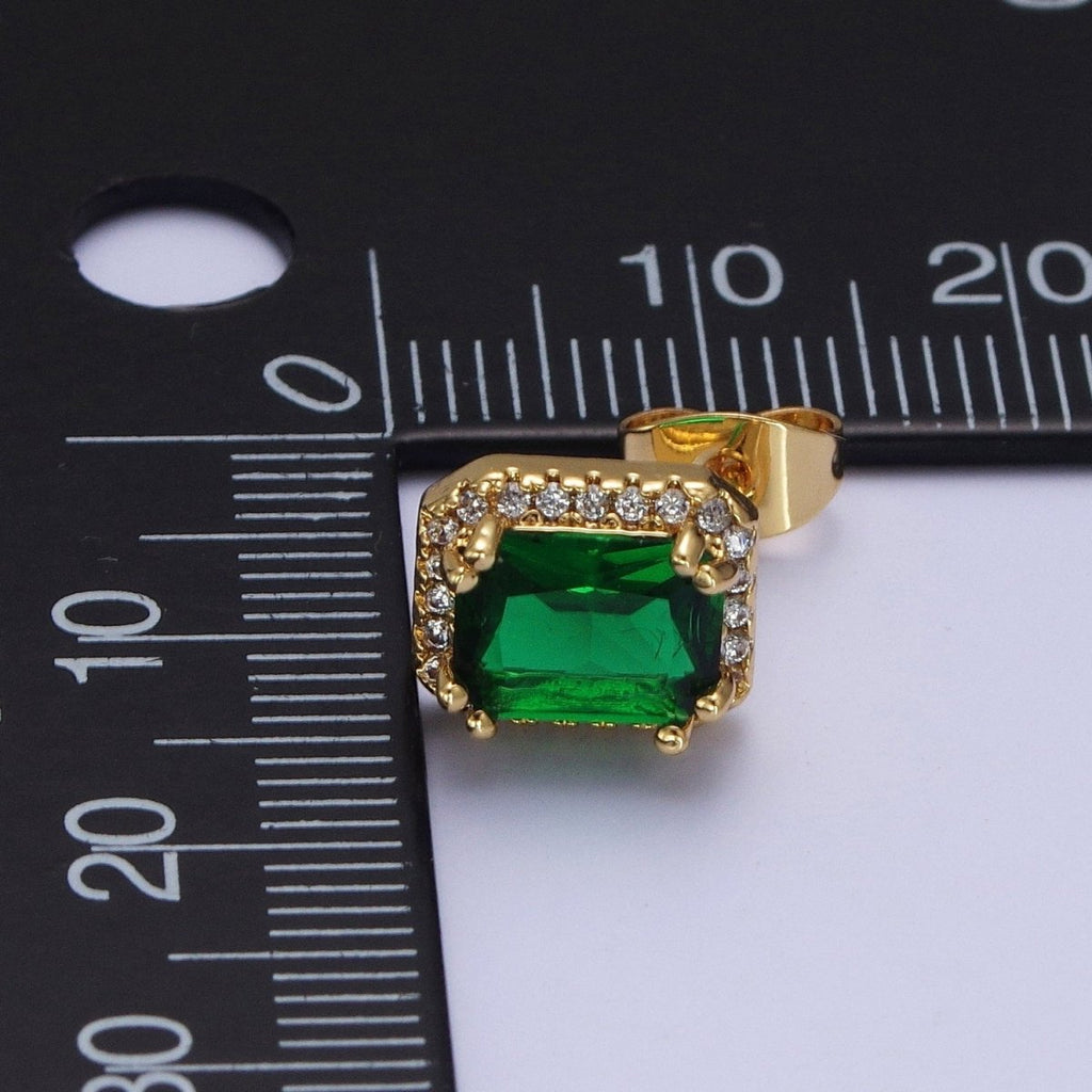 Micro Paved Clear Pink Purple Green Baguette Cubic Zirconia Gold Stud Earrings | AD-548~AD-551