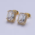 Micro Paved Clear Pink Purple Green Baguette Cubic Zirconia Gold Stud Earrings | AD-548~AD-551