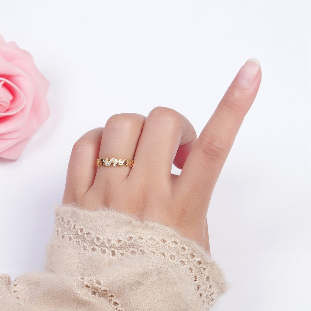 Micro Paved Cubic Zirconia Dollar Bill $ Link Adjustable Gold Ring | X-559 - DLUXCA