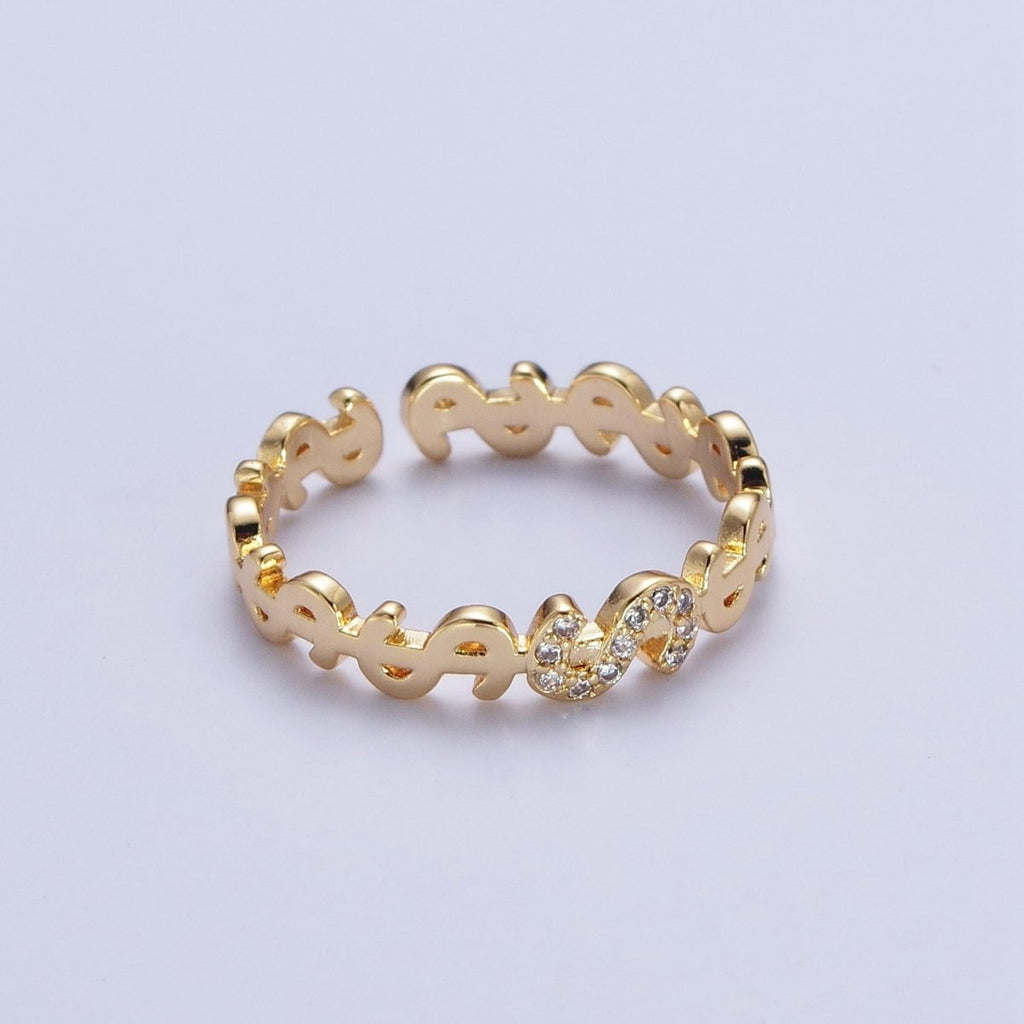 Micro Paved Cubic Zirconia Dollar Bill $ Link Adjustable Gold Ring | X-559 - DLUXCA
