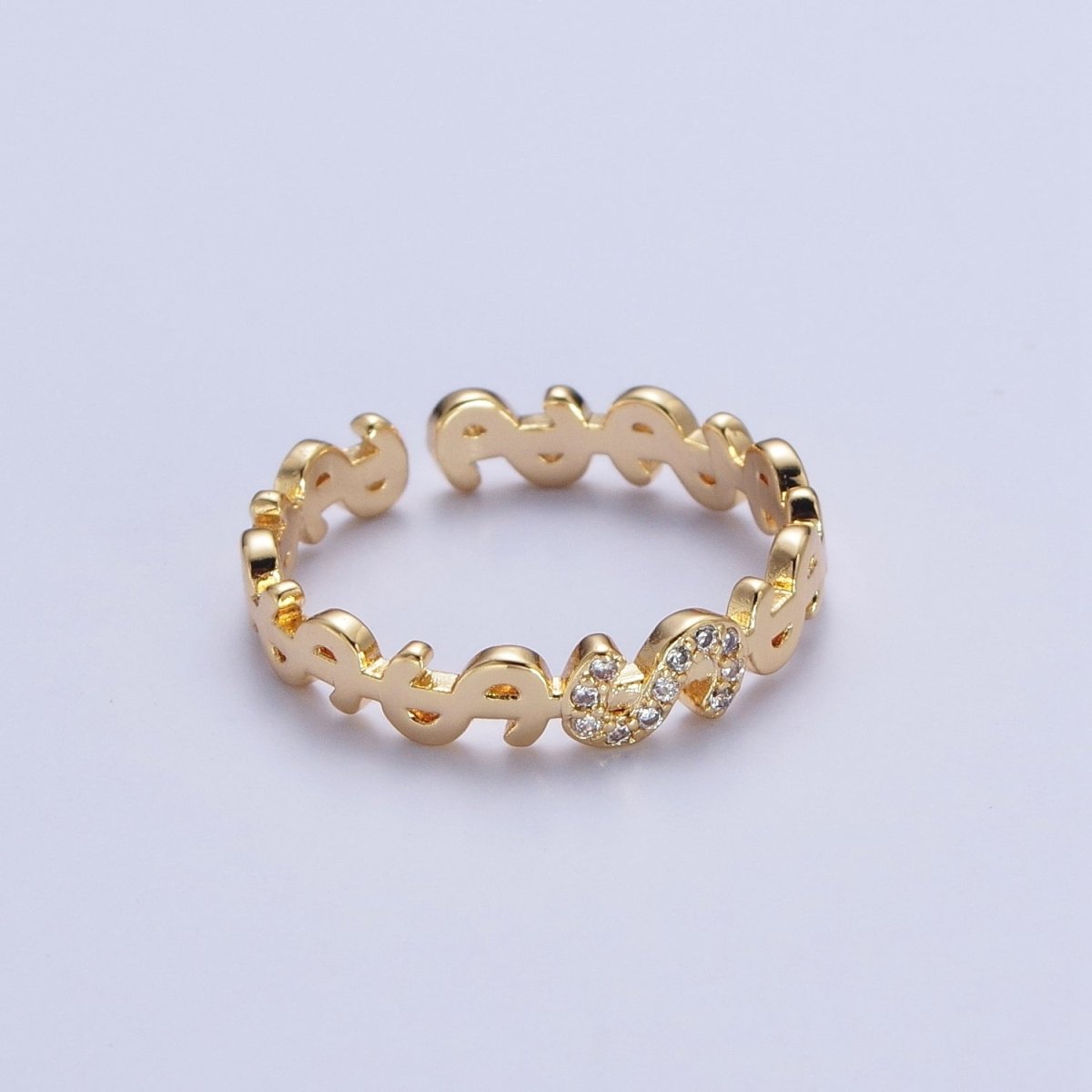 Micro Paved Cubic Zirconia Dollar Bill $ Link Adjustable Gold Ring | X-559 - DLUXCA