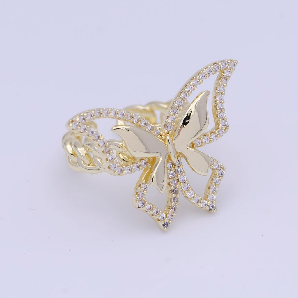 Micro Paved CZ Double Butterfly Mariposa Wings Statement Gold Curb Chain Ring | O-492 - DLUXCA
