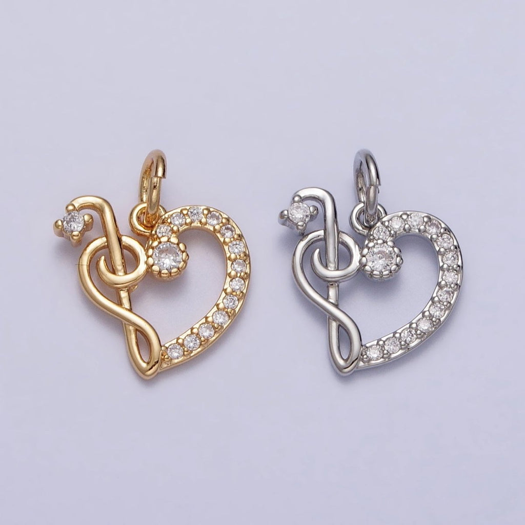 Micro Paved CZ Heart Musical Note G Treble Clef Charm in Gold & Silver | AC181 AC182 - DLUXCA