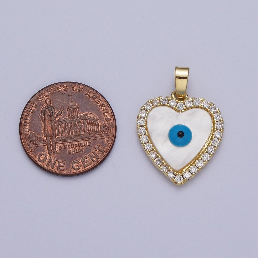 Micro Paved CZ Heart Shell Pearl Protection Evil Eye Enamel Pendant H-776 - DLUXCA
