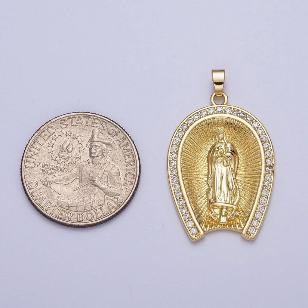 Micro Paved CZ Line Textured Mother Virgin Mary Gold Religious Pendant H-887 - DLUXCA