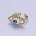 Micro Paved CZ Open Blue Evil Eye of Ra Protection Adjustable Gold Statement Ring | O-1999 - DLUXCA