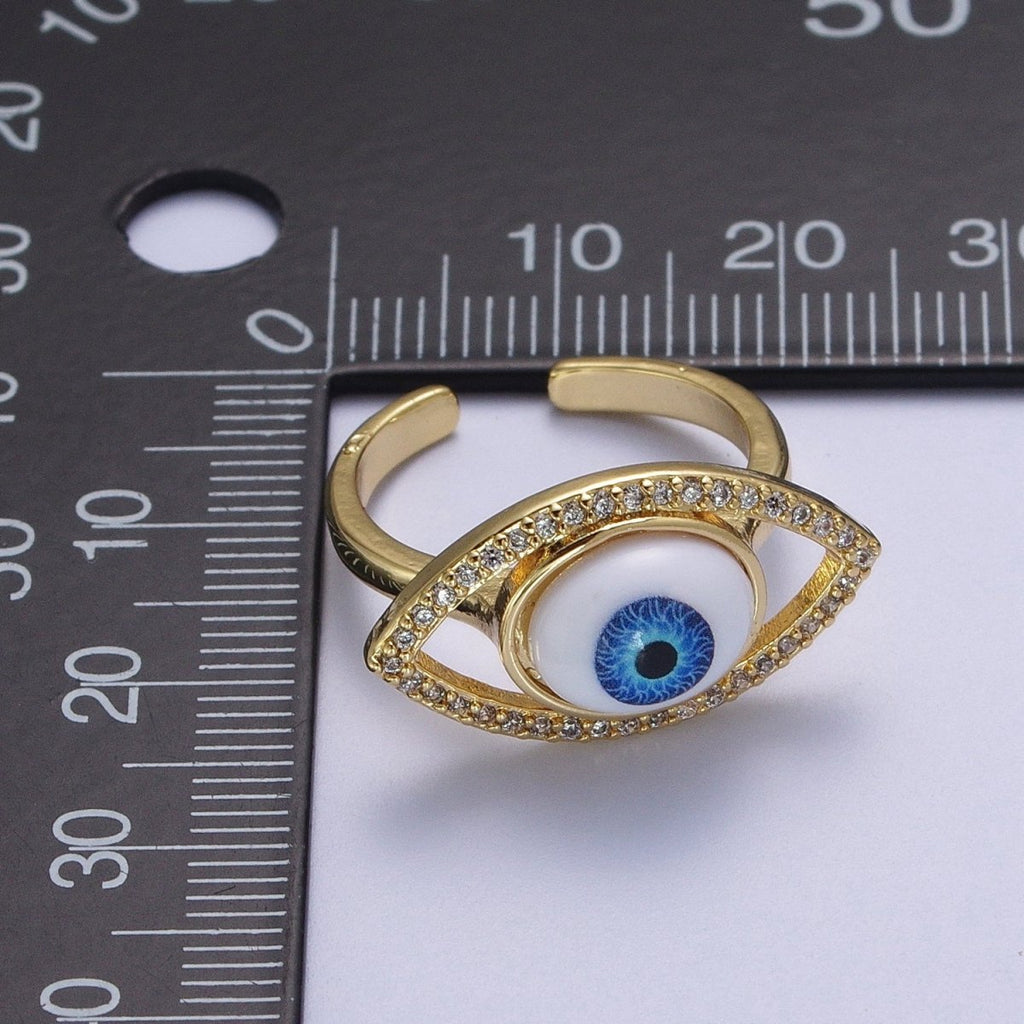 Micro Paved CZ Open Blue Evil Eye of Ra Protection Adjustable Gold Statement Ring | O-1999 - DLUXCA