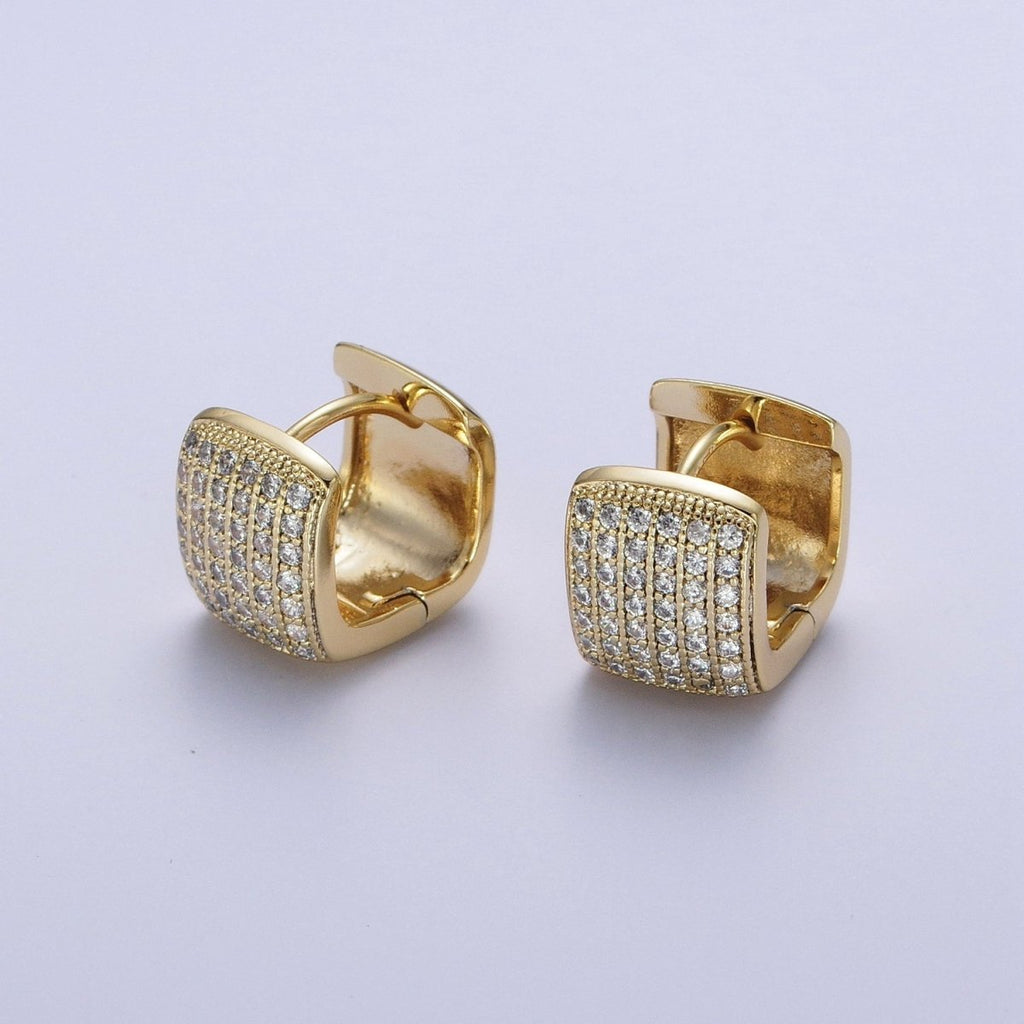 Micro Paved CZ Wide Boxy Geometric Gold Huggie Hoops | Y-055 - DLUXCA