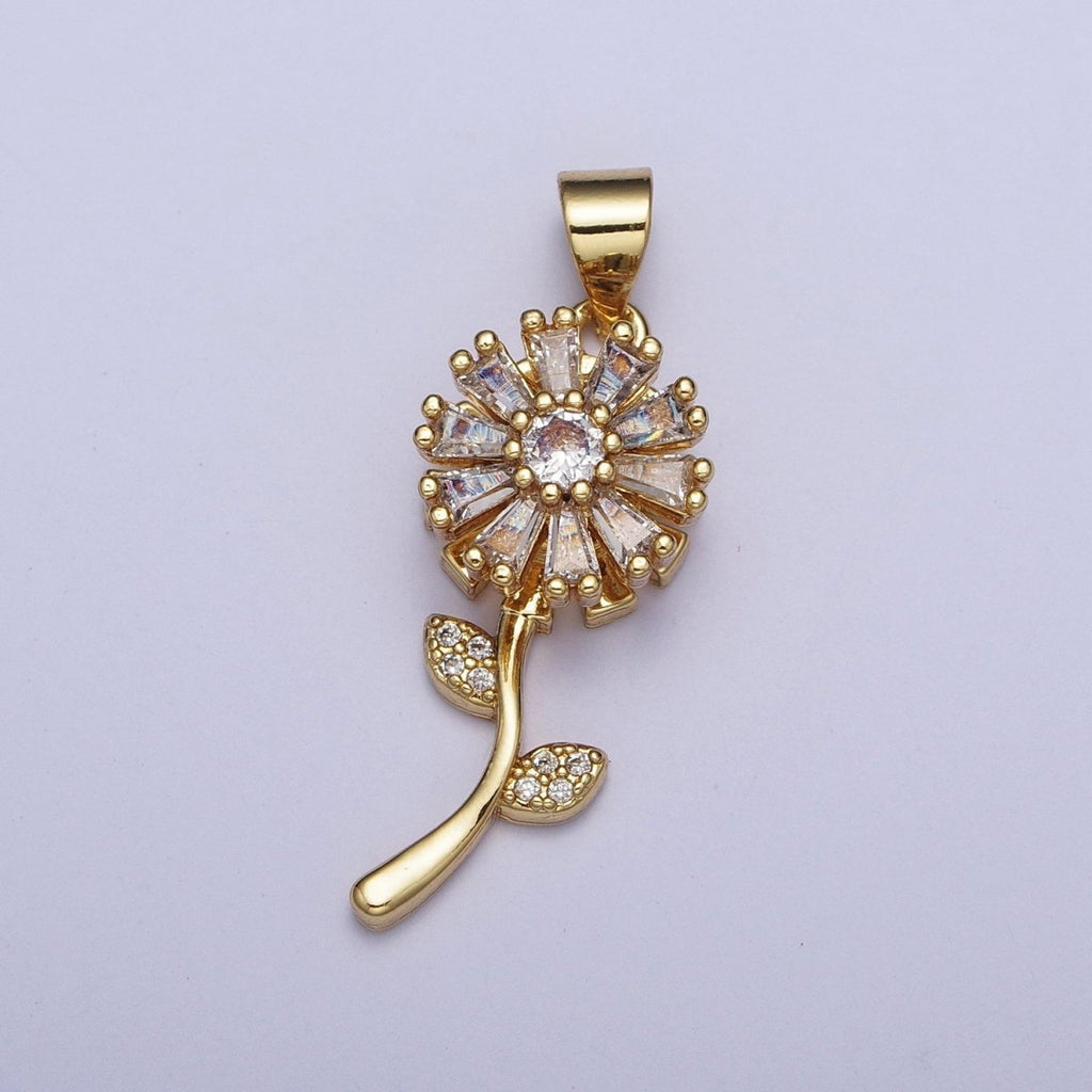 Micro Paved Gold Flower Nature Pendant with Round Baguette Clear Cubic Zirconia | X-476 - DLUXCA