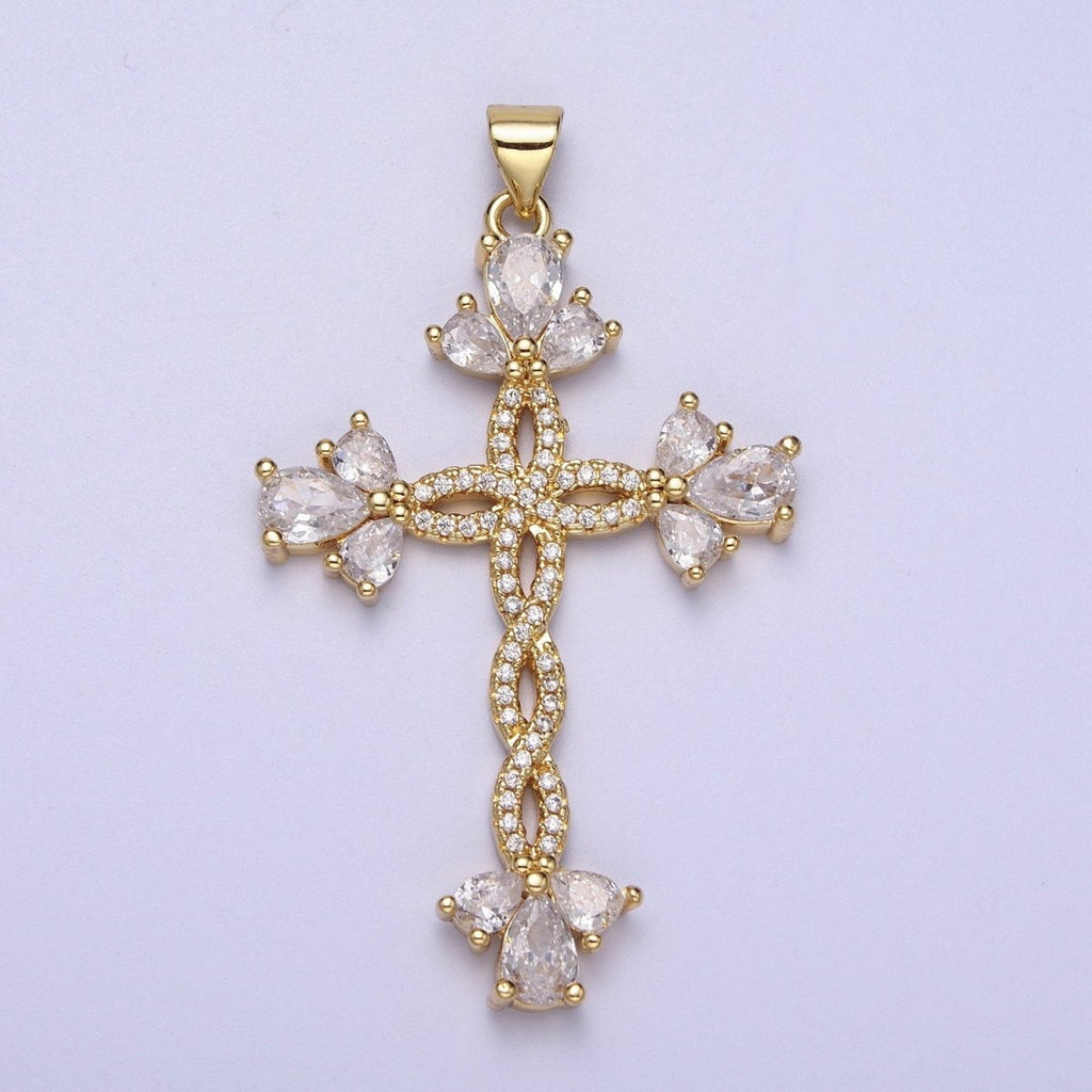 Micro Paved Marquise Religious Cross Twist Gold Pendant I-440 I-447 I-508 I-535 - DLUXCA