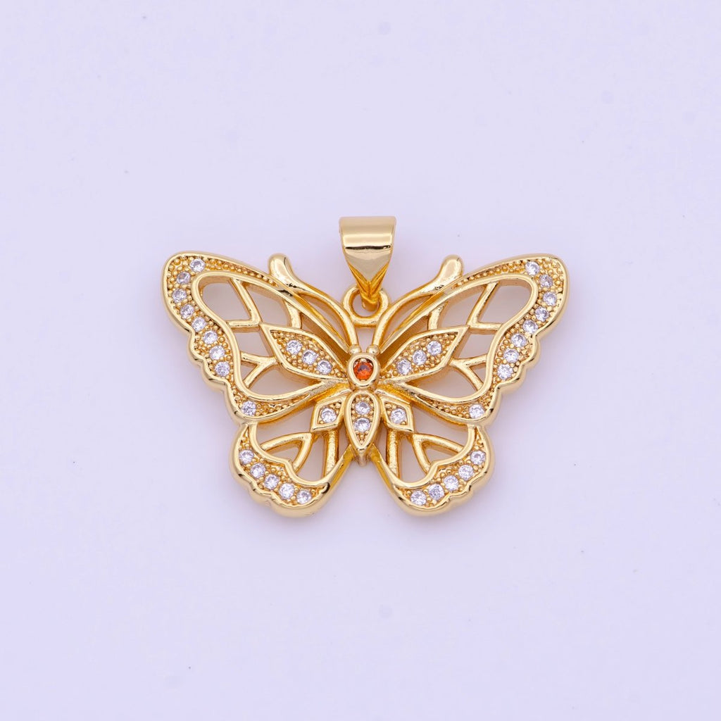 Micro Paved Open Butterfly Mariposa Gold Pendant H-670 - DLUXCA