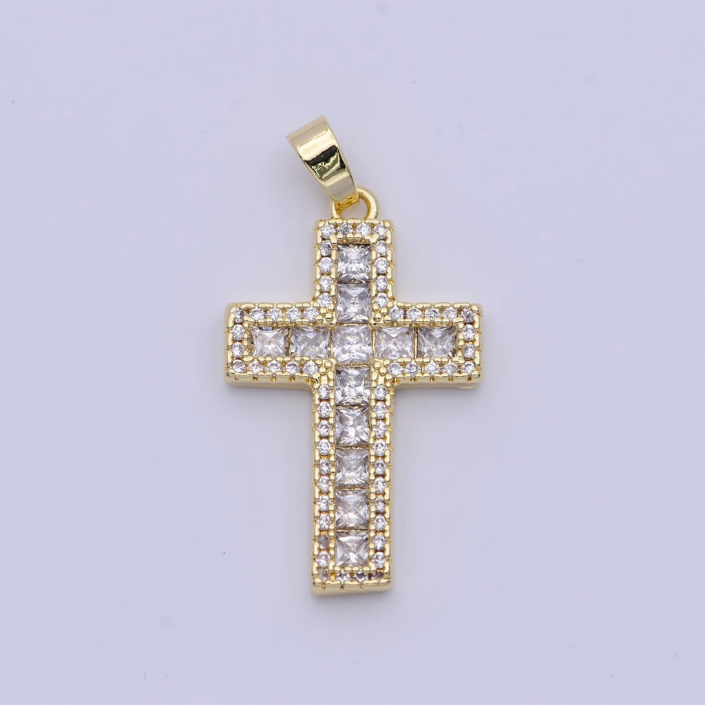 Micro Paved Square Cubic Zirconia Gold Religious Cross Pendant | X-497 - DLUXCA