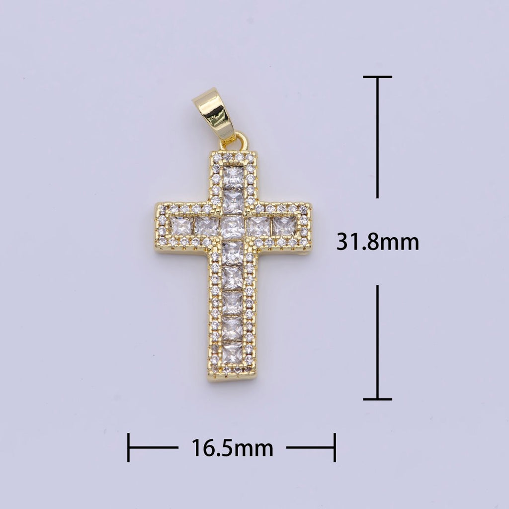 Micro Paved Square Cubic Zirconia Gold Religious Cross Pendant | X-497 - DLUXCA