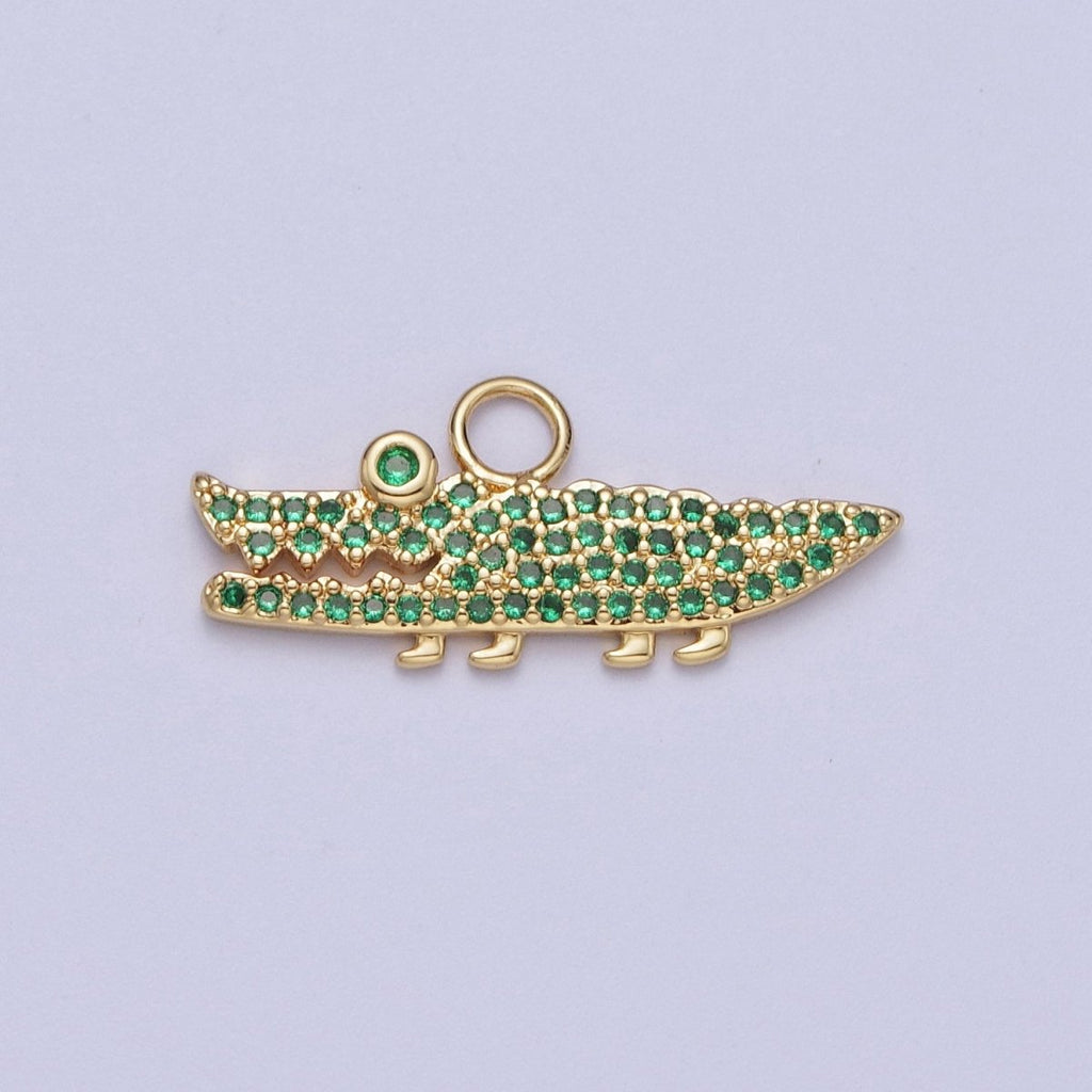 Mini 14K Gold plated Green Crocodile Alligator Green Micro Paved CZ Charm | A-291 - DLUXCA