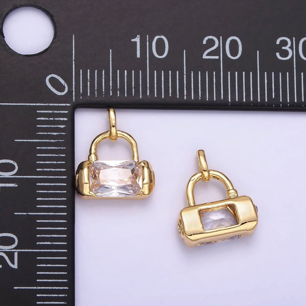 Mini 14K Gold plated Rectangle CZ Charm Lock Purse Pendant | AA1197 - DLUXCA