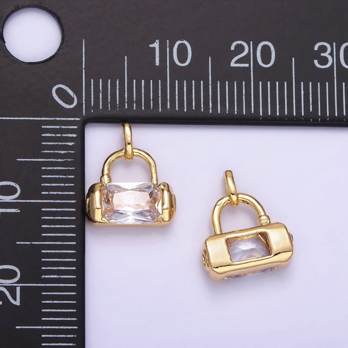 Mini 14K Gold plated Rectangle CZ Charm Lock Purse Pendant | AA1197 - DLUXCA