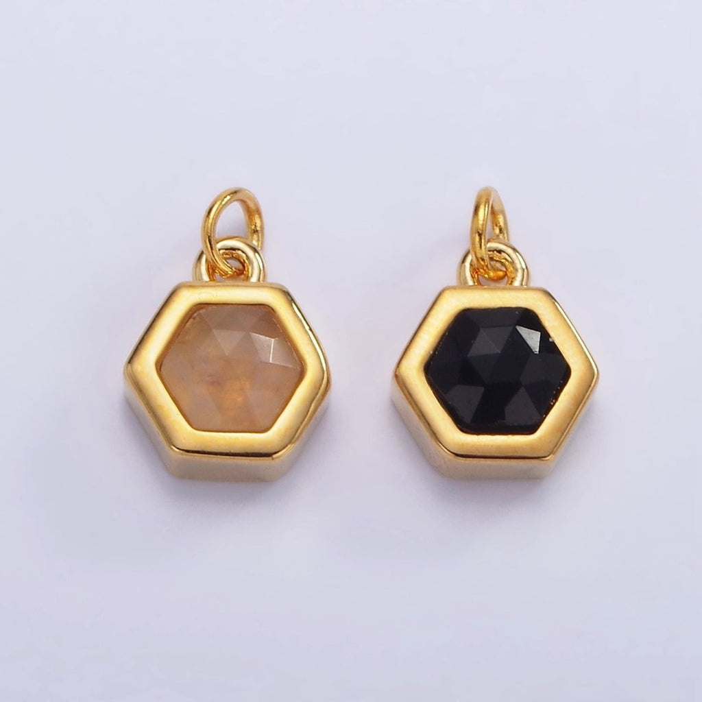 Mini 24K Gold plated Hexagon Charm with Black / Peach Cubic Zirconia | AG-684