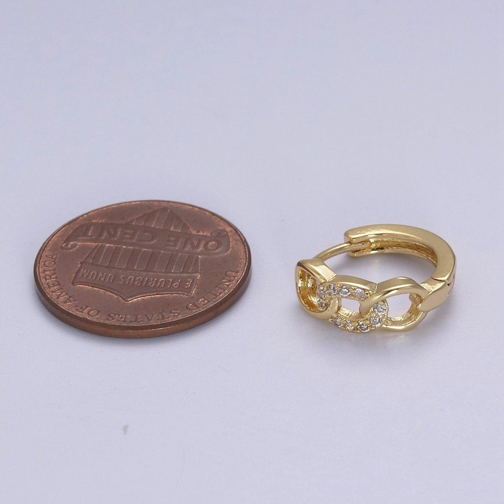 Mini chain link huggie hoop earrings in gold Cartilage earrings • 12mm Tragus hoops • Dainty gold hoop T-366 - DLUXCA