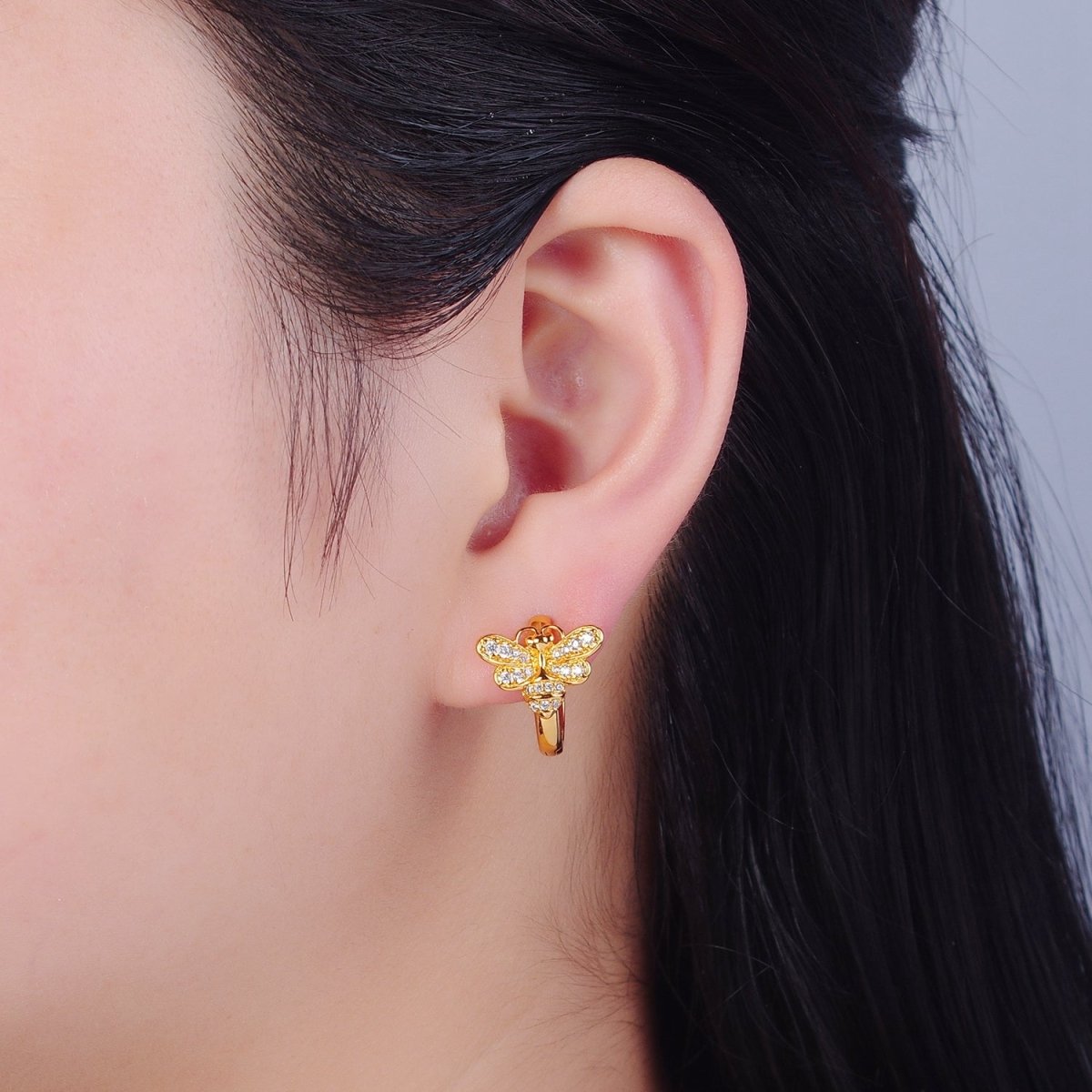 Mini Clear Butterfly Earring Gold Huggie Earring 24k Gold plated T-452 - DLUXCA