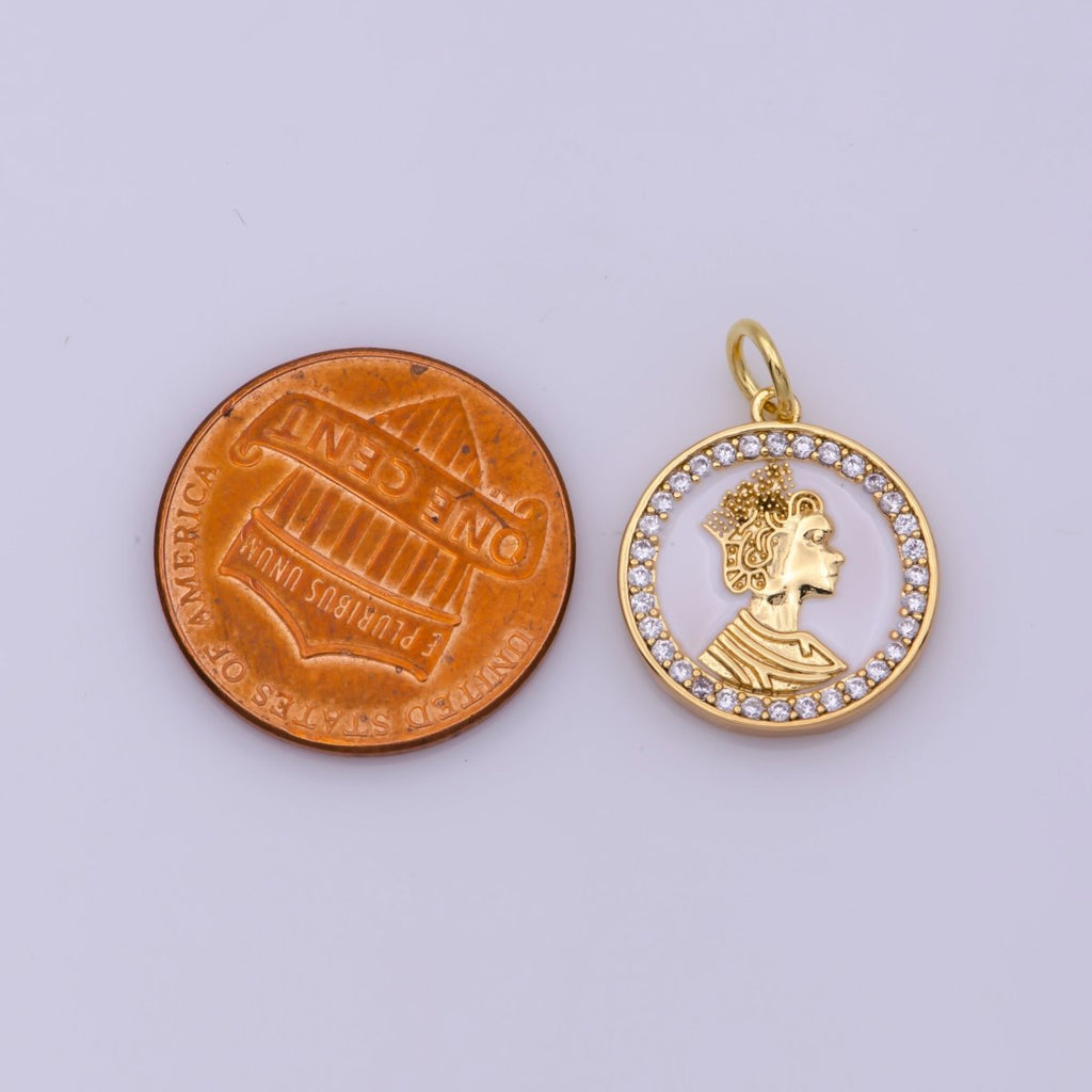 Mini English Queen Elizabeth coin medal 18k Gold plated coin Charm Micro Pave Enamel White Charm N-199 - DLUXCA