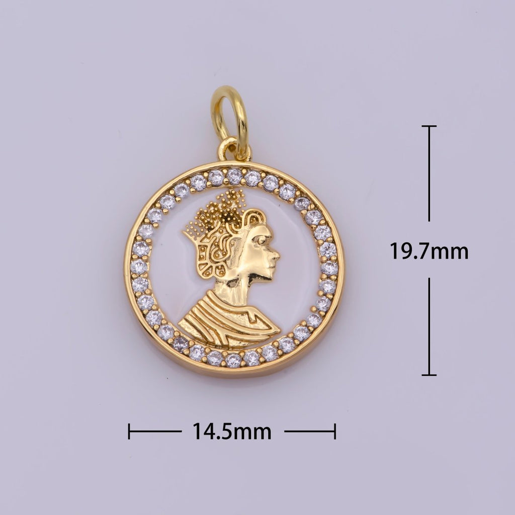 Mini English Queen Elizabeth coin medal 18k Gold plated coin Charm Micro Pave Enamel White Charm N-199 - DLUXCA