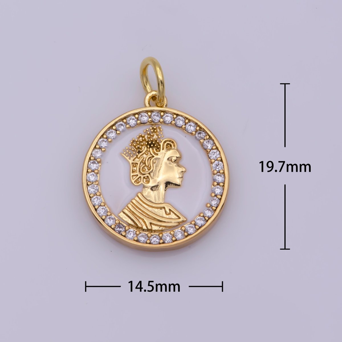 Mini English Queen Elizabeth coin medal 18k Gold plated coin Charm Micro Pave Enamel White Charm N-199 - DLUXCA