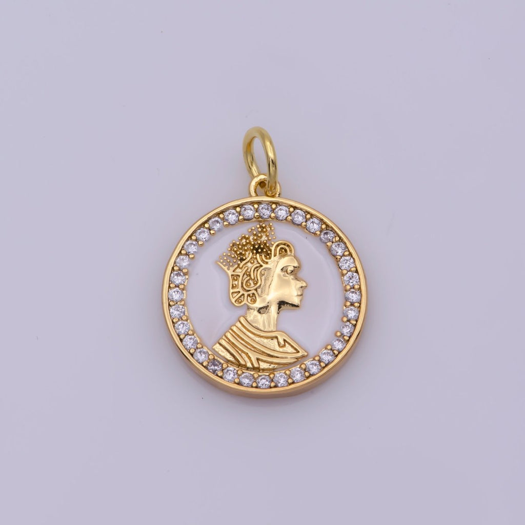 Mini English Queen Elizabeth coin medal 18k Gold plated coin Charm Micro Pave Enamel White Charm N-199 - DLUXCA