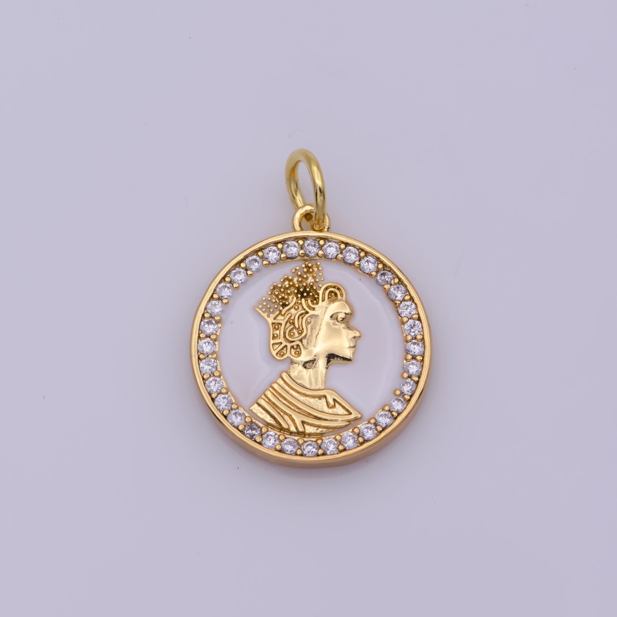 Mini English Queen Elizabeth coin medal 18k Gold plated coin Charm Micro Pave Enamel White Charm N-199 - DLUXCA