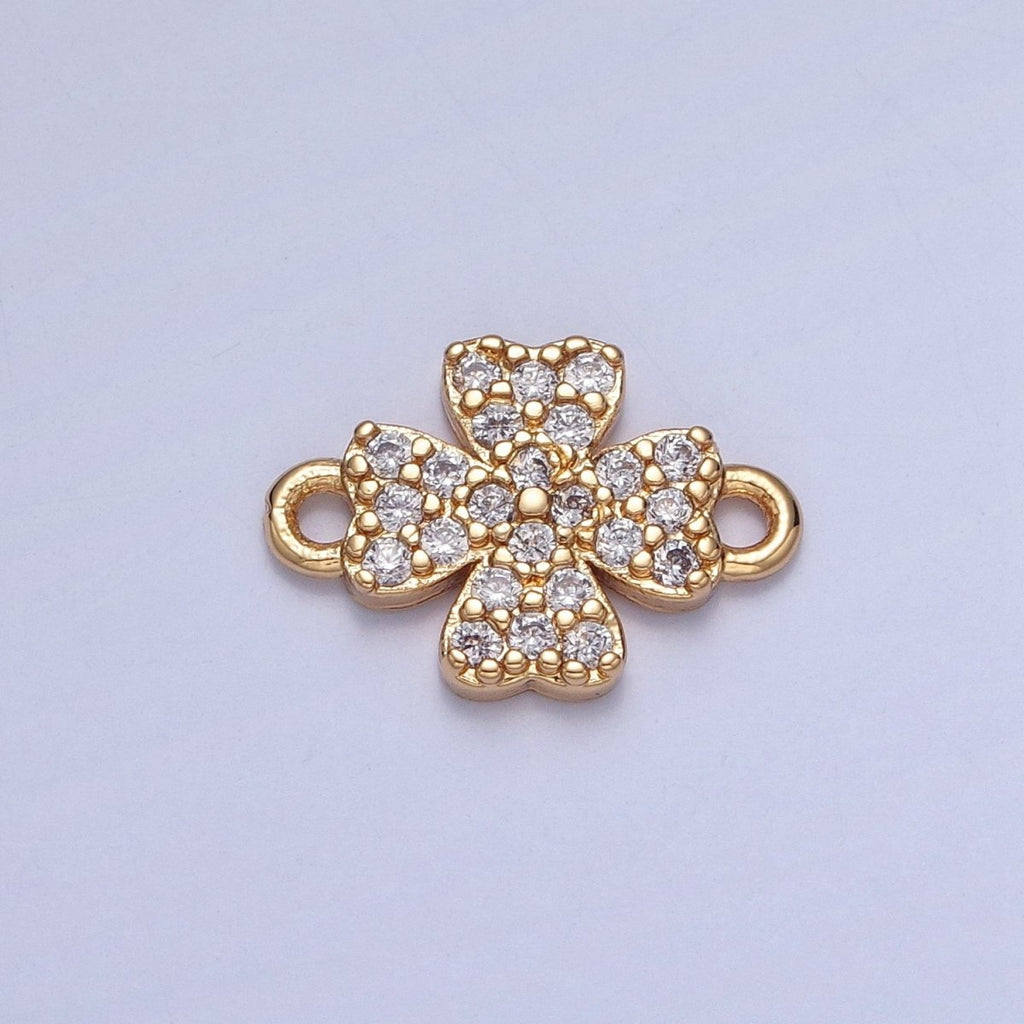 Mini Four Leaf Clover Charms for Necklace Earring Making Supplies 14K Gold plated Micro Pave Lucky Charm Connector G-933 - DLUXCA