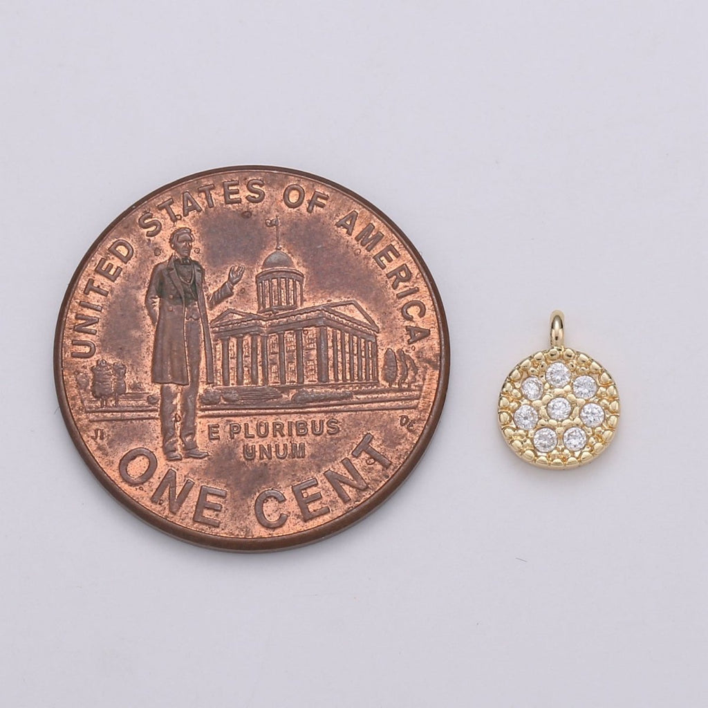 Mini Geometric Charm 18K Gold plated Round Disc Pendant, Micro Pave CZ Dainty Pave Disc Charm, Cubic Zirconia, D-877 - DLUXCA