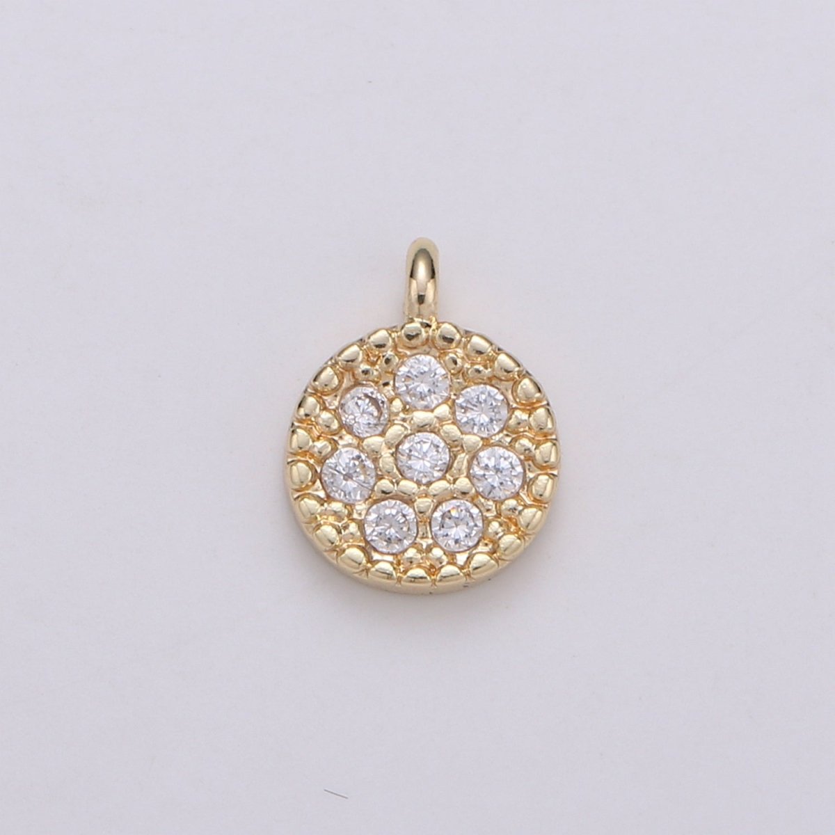 Mini Geometric Charm 18K Gold plated Round Disc Pendant, Micro Pave CZ Dainty Pave Disc Charm, Cubic Zirconia, D-877 - DLUXCA