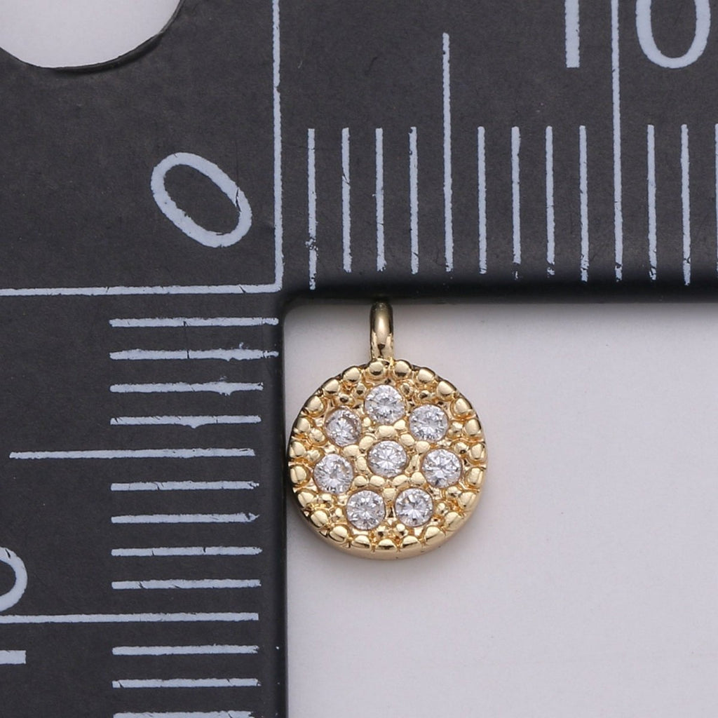 Mini Geometric Charm 18K Gold plated Round Disc Pendant, Micro Pave CZ Dainty Pave Disc Charm, Cubic Zirconia, D-877 - DLUXCA