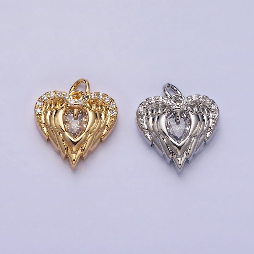Mini Gold Angel Wing Charm with CZ Oval Stone Heart Guardian Angel Pendant AC494 AC495