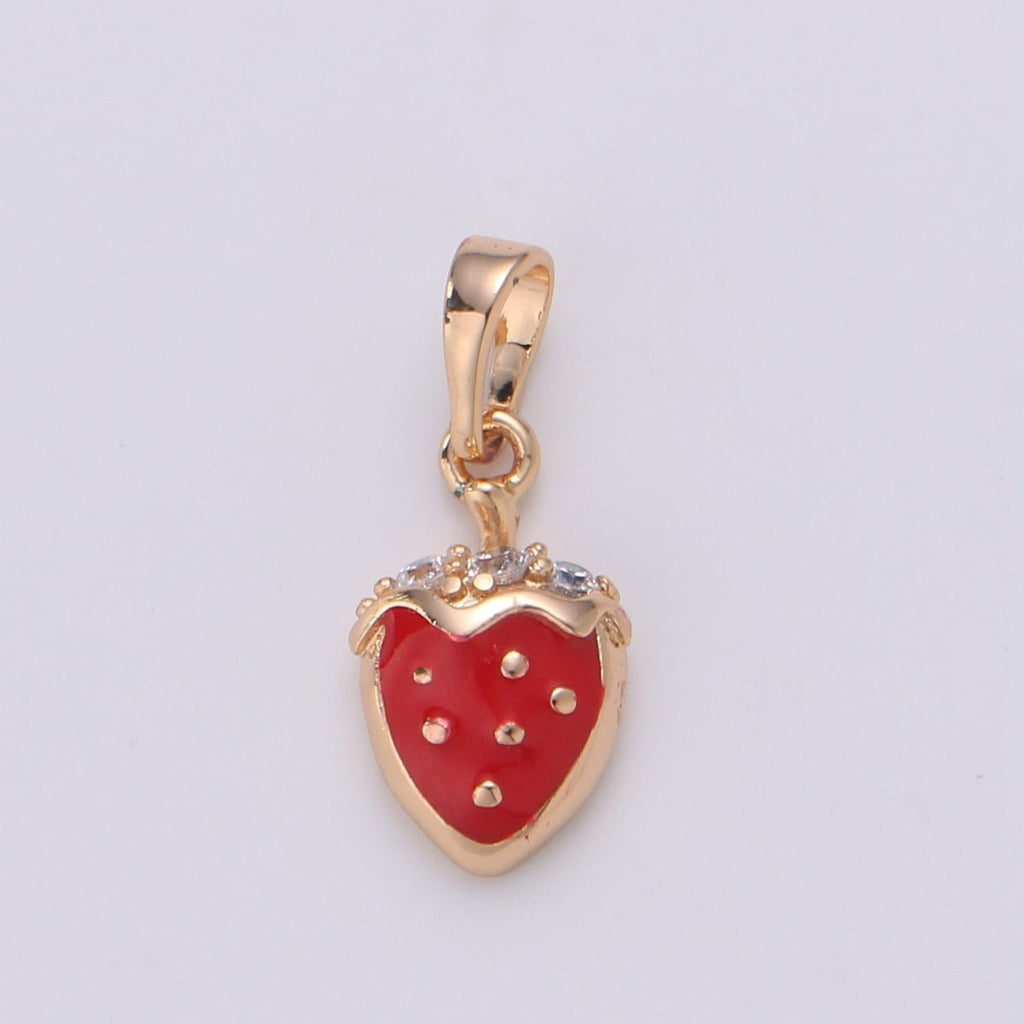 Mini Gold Strawberry Charm Necklace Bracelet Earring Component 18k Gold plated Fruit Charm Enamel Red Strawberry J-111 - DLUXCA