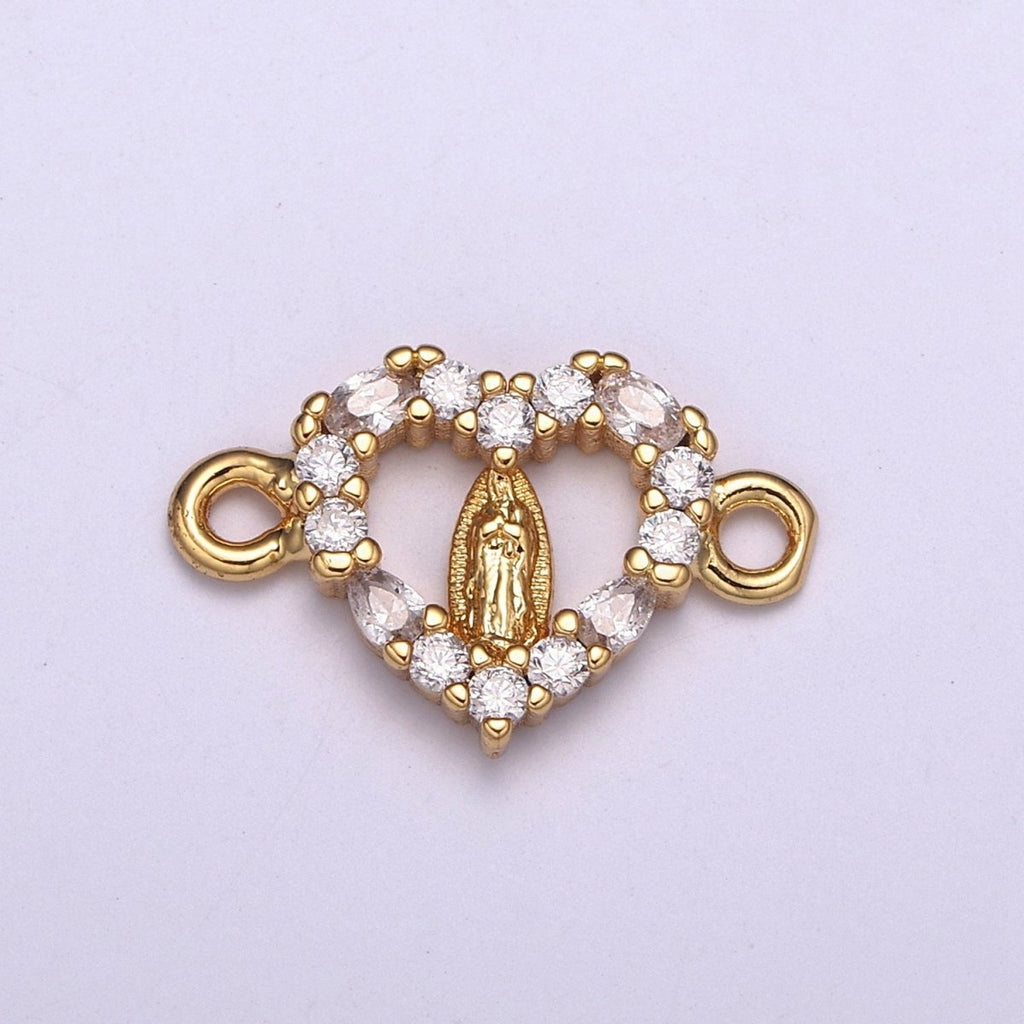Mini Heart Cz Gold Lady Guadalupe Charm Link Connector for Bracelet Necklace Supply Component F-068 - DLUXCA