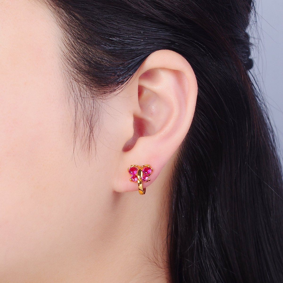 Mini Pink Butterfly Earring Gold Huggie Earring 24k Gold plated T-453 - DLUXCA