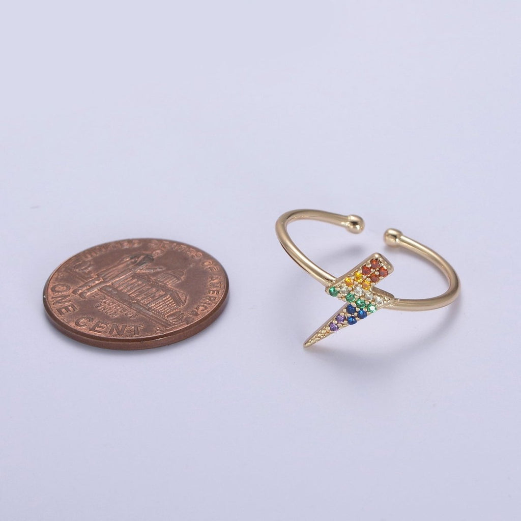 Minimalist 16K Gold plated Lightning Bolt Rainbow Crystal Zirconia CZ Adjustable Ring U-417 - DLUXCA