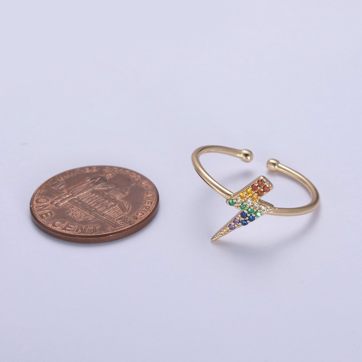 Minimalist 16K Gold plated Lightning Bolt Rainbow Crystal Zirconia CZ Adjustable Ring U-417 - DLUXCA